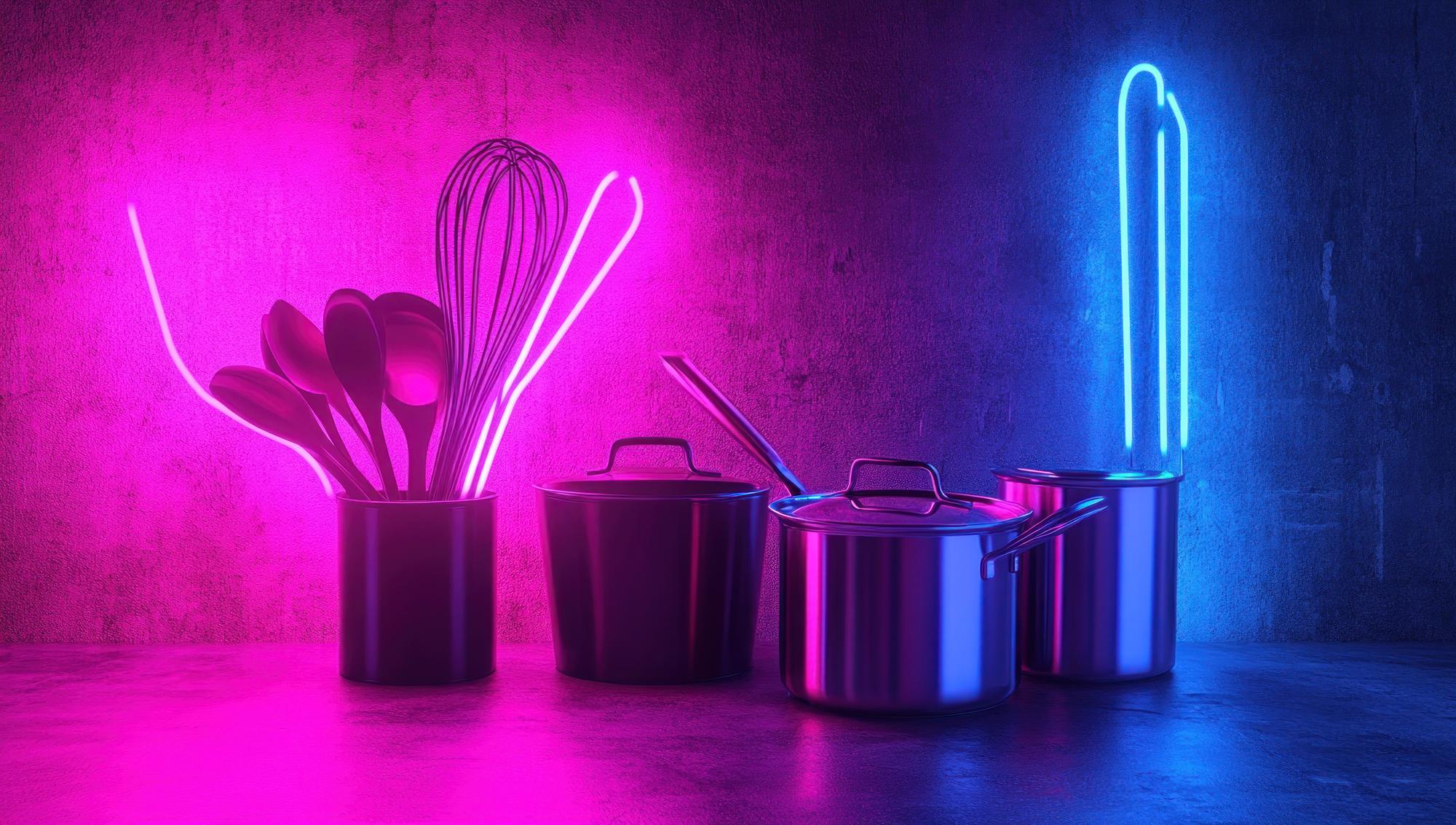 consultation corner of studio with neon lighting and recipe cards